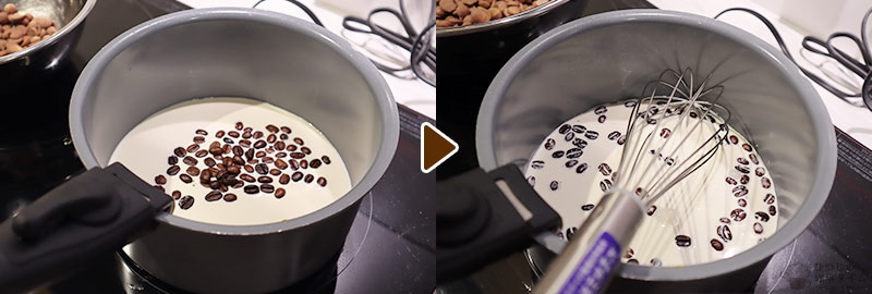 ローストしたコーヒー豆を生クリームに入れ、中火で沸騰まで混ぜる